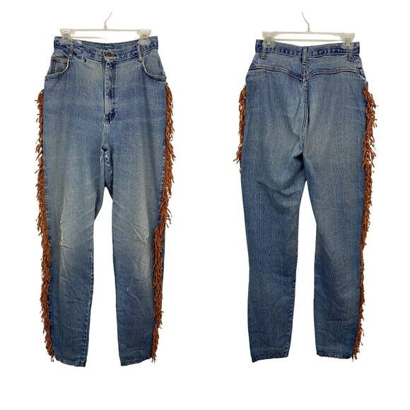 Vintage Distressed Fringe Trim Blue Jeans Tapered Leg AS IS  / Women’s Medium - Picture 3 of 9